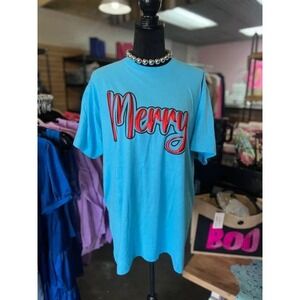 NWT Merry Red Puff Foil Graphic T Shirt Blue XXL Short Sleeve Christmas Holiday